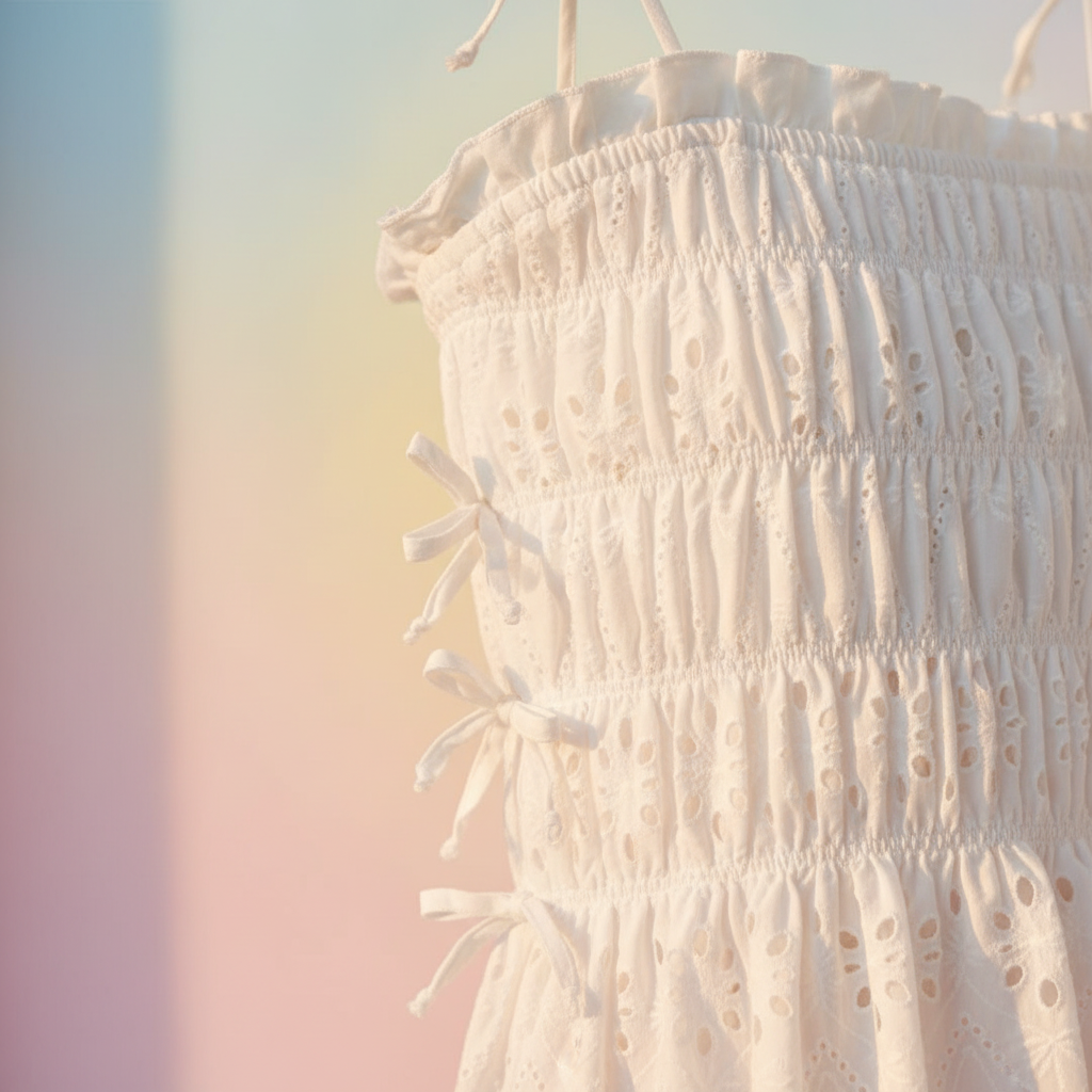 Close-up detail of white eyelet tank top showing smocked bodice and side bow accent