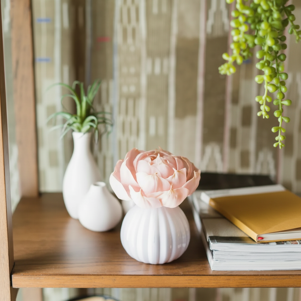 Sweet Grace Flower Diffuser styled on a wooden shelf with white ceramic vases and a soft pink peony