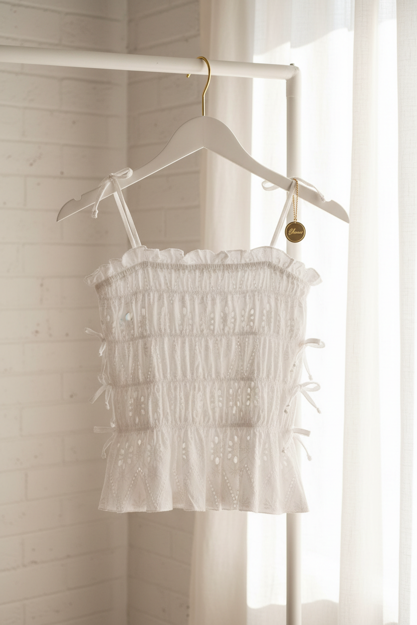 White eyelet tank top with smocked bodice and bow tie straps on hanger with neutral background